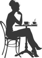 silhouet vrouw zittend Bij een tafel in de cafe bar restaurant zwart kleur enkel en alleen vector