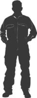 silhouet Mens arbeiders vervelend jumpsuit zwart kleur enkel en alleen vector