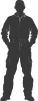 silhouet Mens arbeiders vervelend jumpsuit zwart kleur enkel en alleen vector