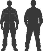 silhouet Mens arbeiders vervelend jumpsuit zwart kleur enkel en alleen vector