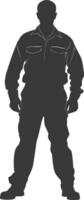 silhouet Mens arbeiders vervelend jumpsuit zwart kleur enkel en alleen vector