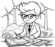 zwart en wit tekenfilm illustratie van zakenman werken met wind turbines voor kleur boek vector