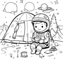 kleur boek voor kinderen astronaut met een kop van thee in de kamp vector
