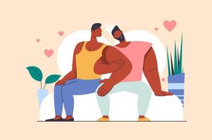 lgbt homo paar concept met mensen tafereel in vlak ontwerp. mannen in liefde knuffelen en zittend samen. homoseksueel mannetjes paar- omarmen en flirten. illustratie met karakter situatie voor web vector