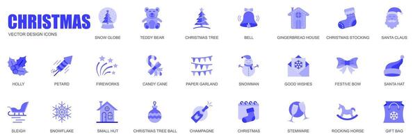 Kerstmis concept van web pictogrammen reeks in gemakkelijk vlak ontwerp. pak van sneeuw wereldbol, boom, peperkoek huis, kous, de kerstman claus, hulst, vuurwerk, slinger en ander. blauw pictogrammen voor mobiel app vector