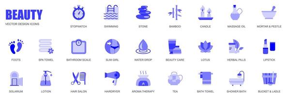 schoonheid concept van web pictogrammen reeks in gemakkelijk vlak ontwerp. pak van stopwatch, zwemmen, steen, bamboe, kaars, massage olie, voeten, spa, schaal, slank meisje en ander. blauw pictogrammen voor mobiel app vector