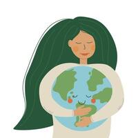 jong vrouw knuffels groen planeet aarde met zorg en liefde, de mensheid ondersteunt de concept van milieu behoud en energie besparing vector