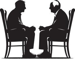 twee ouderen mensen zittend Aan een stoel en roddelen samen clip art silhouet in zwart kleur. ouderling vrienden illustratie sjabloon vector