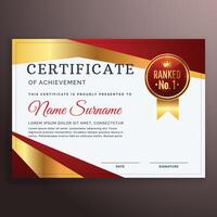 premie rood certificaat ontwerp sjabloon met gouden strip vector