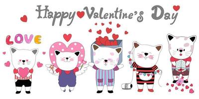 gelukkige valentijnsdag met schattige katten ontworpen in doodle-stijl. perfect voor Valentijnsdagthema's vector