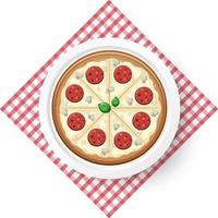 bovenaanzicht van kaas salami pizza op tafelkleed vector