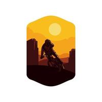 illustratie mountainbiken achtergrond gele zon. teken logo badge symbool tshirt posterontwerp vector