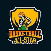 sterspeler doet schot in basketbalkampioenschap. sportlogo-badge voor je basketbalteam vector