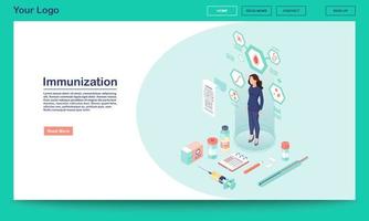 immunisatie webpagina vector sjabloon met isometrische illustratie. vaccinatie van de patiënt. vaccinatie dienst. jonge vrouw in blauw pak. ontwerp van de website-interface. webpagina, 3D-concept voor mobiele apps