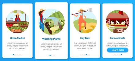 landbouw onboarding mobiele app scherm vector sjabloon. groene markt, planten water geven, boerderijdieren. landbouw. walkthrough website stappen met platte karakters. ux, ui, gui smartphone cartoon-interface