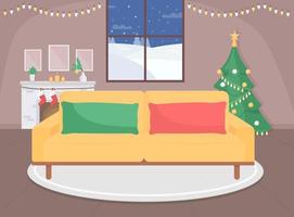 feestelijke woonkamer egale kleur vectorillustratie. bank thuis met feestelijke kerstversiering. oudejaarsavond in het huishouden. feestelijk 2d cartoon interieur met raam op de achtergrond vector