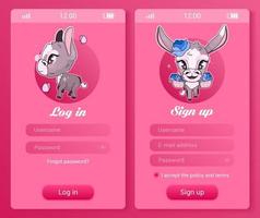 mobiele app-scherm voor ezelkinderen met avatars van stripfiguren. log in, meld je aan voor een meisjesachtig spel voor smartphones, applicatie voor sociale media. gebruikersprofiel registratie roze pagina's met anime dieren vector