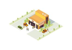 supermarkt isometrische kleur vectorillustratie. winkel gebouw infographic. aankopen doen. supermarkt 3D-concept. commerciële zaken. consumentisme. webpagina, ontwerp van mobiele apps vector