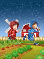 Twee jongens die in de regen lopen vector
