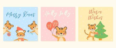 merry xmas hulst vrolijke warme wensen wenskaarten set voor nieuwjaar en kerst banners met schattig tijger symbool 2022 jaar mascotte vakantie winter concept met vector karakter