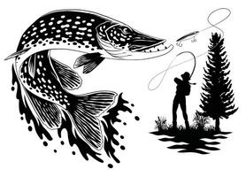 rivier- visvangst vangen snoek in zwart en wit vector