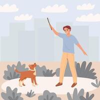 een jong Mens Toneelstukken met een hond in natuur in de buurt de gebouwen van de stad. de vent houdt een stok in zijn hand- en glimlacht. illustratie van vriendschap met een huisdier. vector