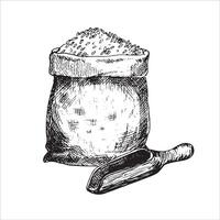 grafisch illustratie van zak van tarwe met houten lepel. zwart en wit schetsen Aan een wit achtergrond. geschikt voor logo, bakkerij ontwerp, omhulsel papier vector