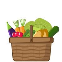 vers groenten in een mand, kool, aardappel, radijs, broccoli clip art, gezond aan het eten concept vector