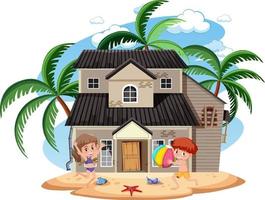 jongen en meisje spelen voor oud huis naast het strand vector