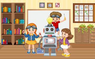kinderen die samen een robot maken in de kamerscène vector