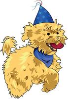 Frespuder hond met geel vacht, jumping gelukkig met verjaardag hoed vector