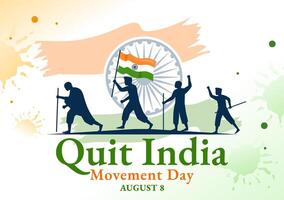 stoppen Indië beweging dag illustratie Aan 8 augustus met Indisch vlag en mensen silhouet in vlak tekenfilm achtergrond ontwerp vector
