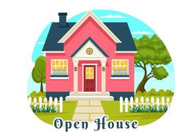 Open huis illustratie voor inspectie eigendom Welkom naar uw nieuw huis echt landgoed onderhoud in vlak tekenfilm achtergrond ontwerp vector