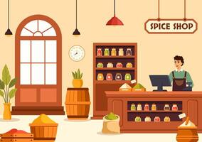 kruid winkel illustratie met verschillend heet sauzen, kruiderij, exotisch vers kruiderij en traditioneel kruiden in vlak tekenfilm achtergrond vector