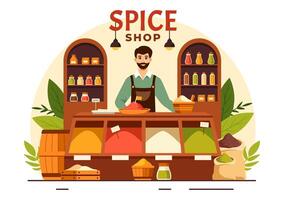 kruid winkel illustratie met verschillend heet sauzen, kruiderij, exotisch vers kruiderij en traditioneel kruiden in vlak tekenfilm achtergrond vector