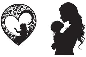 zwart silhouet mam en baby dochter liefde vorm wit achtergrond pro ontwerp vector