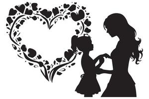 zwart silhouet mam en baby dochter liefde vorm wit achtergrond pro ontwerp vector