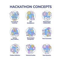 hackathon multi kleur concept pictogrammen. tech evenement voor programma ontwikkelaars. tech oplossingen. codering wedstrijd. teamwerk. icoon pak. ronde vorm illustraties. abstract idee vector