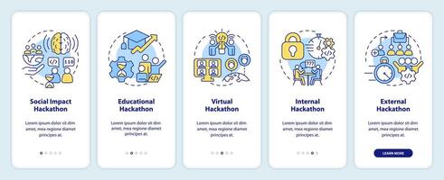 hackathons types onboarding mobiel app scherm. tech evenementen walkthrough 5 stappen bewerkbare grafisch instructies met lineair concepten. ui, ux, gui sjabloon vector