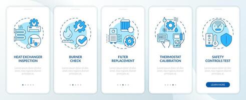 verwarming inspectie blauw onboarding mobiel app scherm. hvac walkthrough 5 stappen bewerkbare grafisch instructies met lineair concepten. ui, ux, gui sjabloon vector