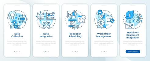 productie optimalisatie blauw onboarding mobiel app scherm. walkthrough 5 stappen bewerkbare grafisch instructies met lineair concepten. ui, ux, gui sjabloon vector