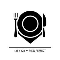 restaurant bestek plaats instelling pixel perfect zwart glyph icoon. klant onderhoud, dining beleven. Koken apparatuur. silhouet symbool Aan wit ruimte. solide pictogram. geïsoleerd illustratie vector