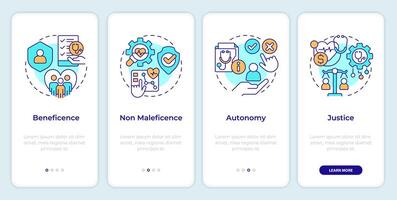 principes van bio-ethiek onboarding mobiel app scherm. walkthrough 4 stappen bewerkbare grafisch instructies met lineair concepten. ui, ux, gui sjabloon vector