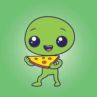 een schattig buitenaards wezen aan het eten pizza plak vlak icoon illustratie Aan een groen achtergrond vector