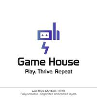 spel huis gh logo ontwerp - gaming logo met controleur speler mascotte embleem vector