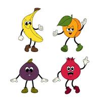 reeks van groovy vruchten. tekenfilm fruit in vlak stijl. tekening grappig illustratie. hand- getrokken retro wijnoogst modieus stijl fruit tekenfilm karakter banaan, abrikoos, fig en granaatappel. vector