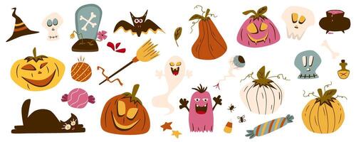 retro groovy halloween clip art met pompoen, geest, kat en schedel. trippy retro spookachtig elementen. groovy boho illustratie. herfst oktober vakantie. vector