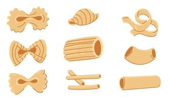 een reeks met divers vormen van pasta. een verzameling van illustraties, geschikt voor de zichtbaar ontwerp van Italiaans keuken. ontwerp en culinaire projecten. meerdere types van pasta in een rij Aan wit vector