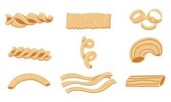 reeks met divers vormen van pasta. een verzameling van illustraties, geschikt voor de zichtbaar ontwerp van Italiaans keuken. ontwerp en culinaire projecten. meerdere types van single pasta in een rij Aan wit vector