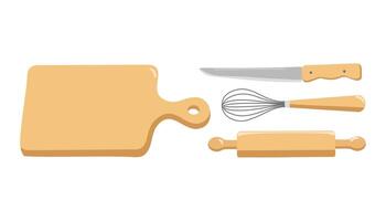 reeks bestek en hulpmiddelen. houten bord en mes voor snijdend voedsel in de keuken. rollend pin en vliegenmepper voor deeg. vlak illustratie geïsoleerd Aan wit achtergrond. vector